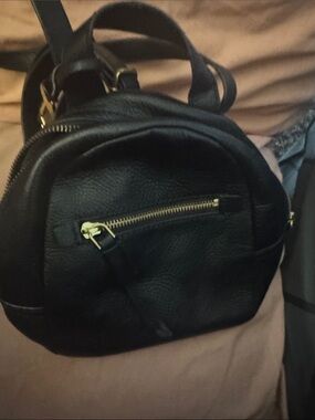 Fossil Small Black Leather Backpack with Gold Zipper
